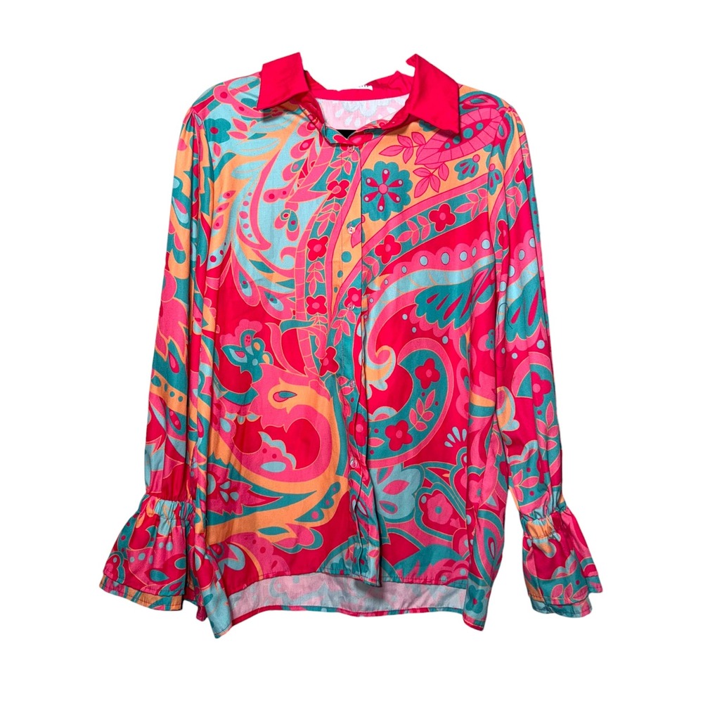 CherryBetty Paisley Button‎ Front Blouse XL Pink Teal Retro Boho Bell Sleeve